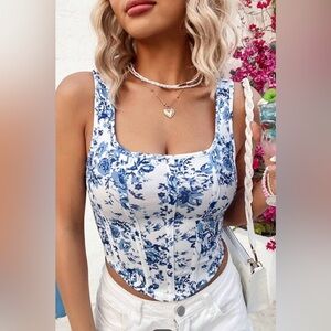 SHEIN Blue Floral Crop Too Size XS